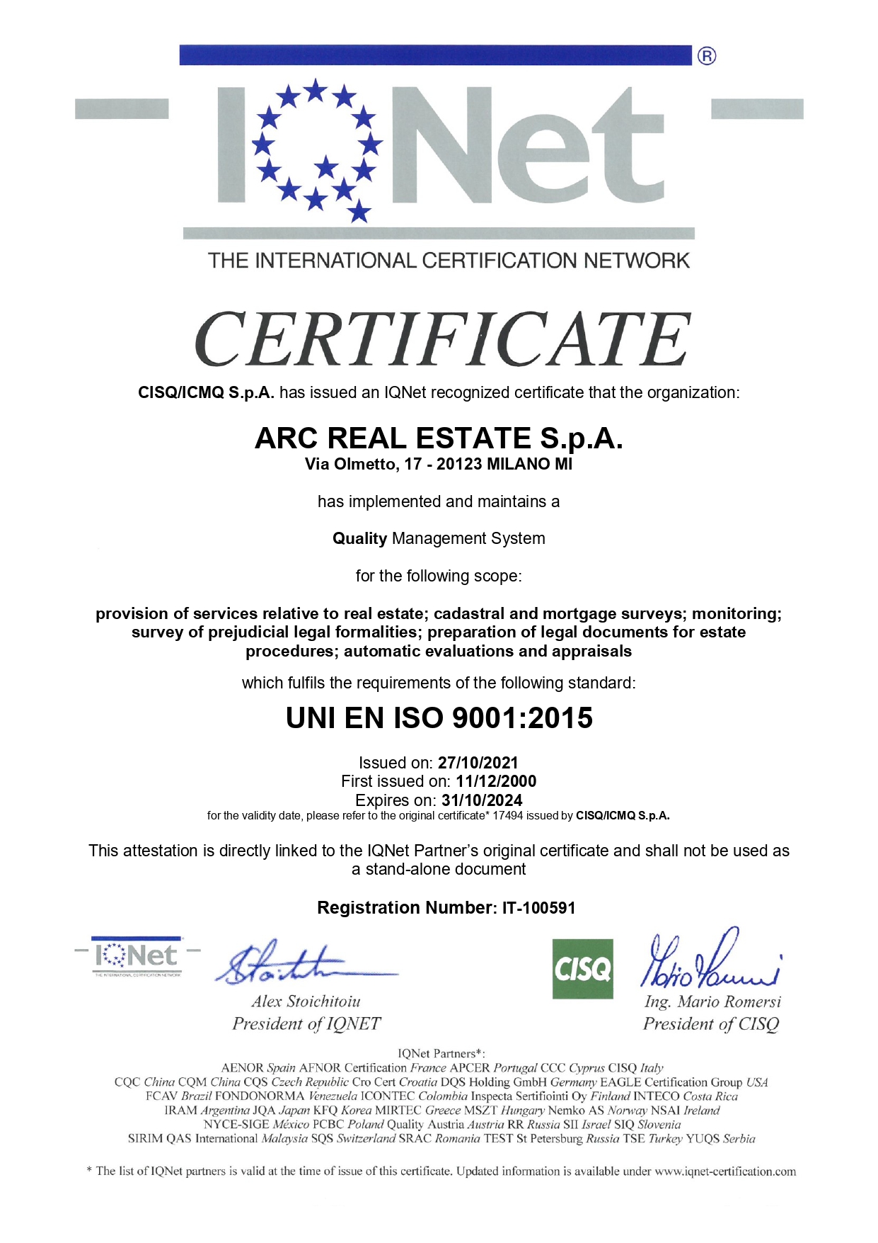 Certificato Arc Real Estate - sistema qualità - ICMQ