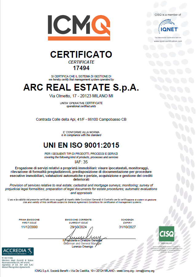 Certificato Arc Real Estate - sistema qualità